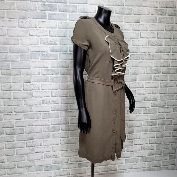 Viktor & Rolf by H&M Womens 10 Taupe Silk Ruffle‎ Button Front Heart Belt Dress - Picture 6 of 11